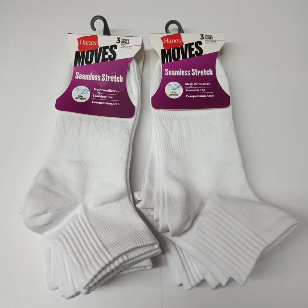 Hanes Moves‎ Ankle Socks 6 Pairs Women's Size 5-9 White Seamless Stretch